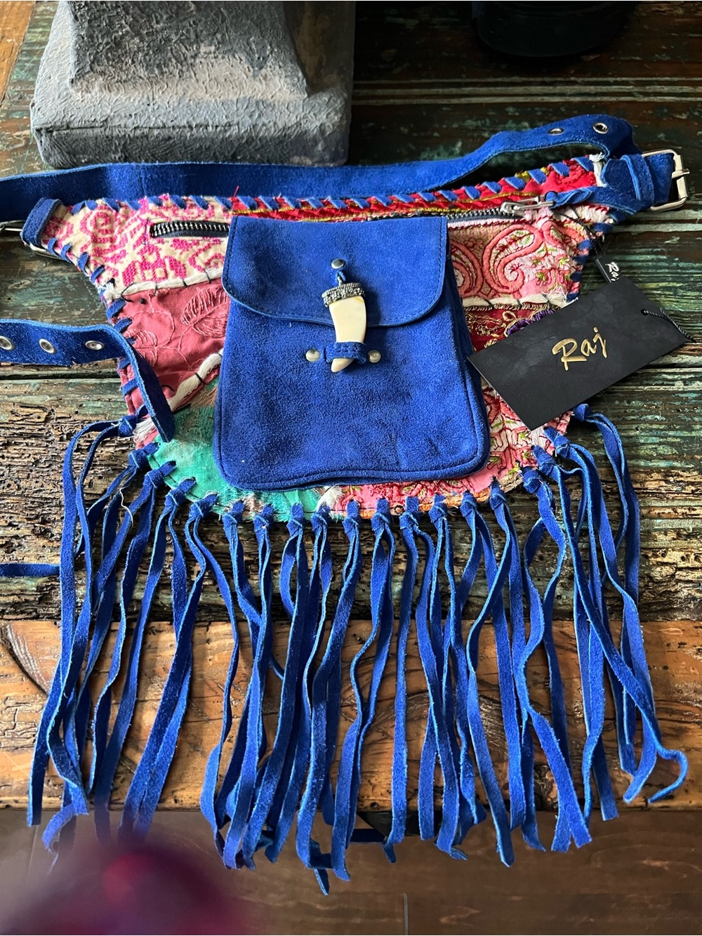 Raj Blue Suede Fringe Crossbody Bag with Multicolor Embroidered Panel